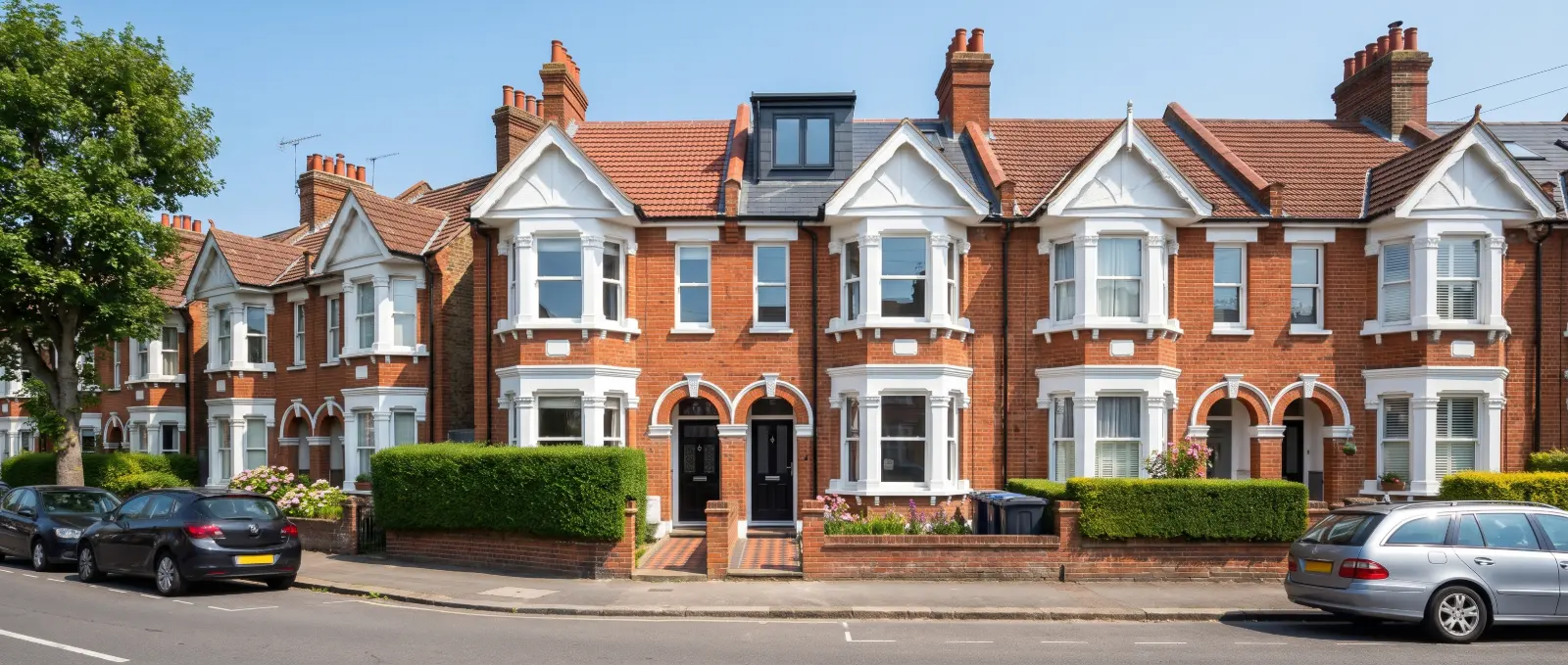 A late-Victorian red-brick terrace with white gabled bay windows and cars parked along the kerb; one house has been converted, with a slate loft dormer