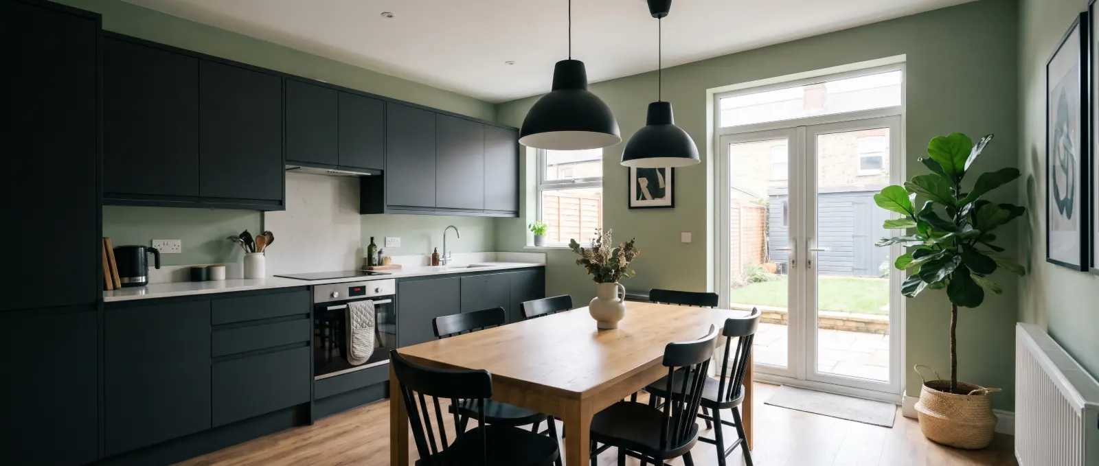 Shared kitchen and dining room with charcoal units, sage walls, pendant lights and French doors to the garden
